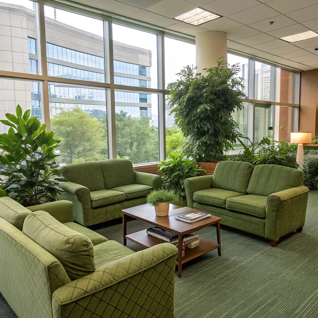 Relaxing green office lounge setup